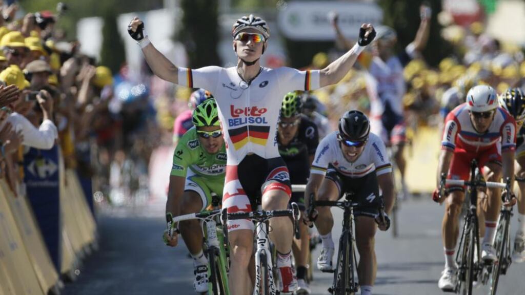 Andre Greipel of Germany  wins  the sixth stage of the Tour de France  in Montpellier yesterday. Photograph: Laurent Rebours/AP