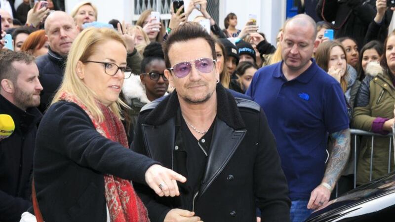 Bono arrives for the recording session for the Band Aid 30 single in London on Saturday. Photograph: John Phillips/Getty Images