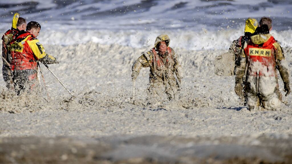 Rescue workers search for missing water sports enthusiasts in the North Sea, in Scheveningen, The Netherlands, on Tuesday. Photograph: Sem van der Wal/EPA