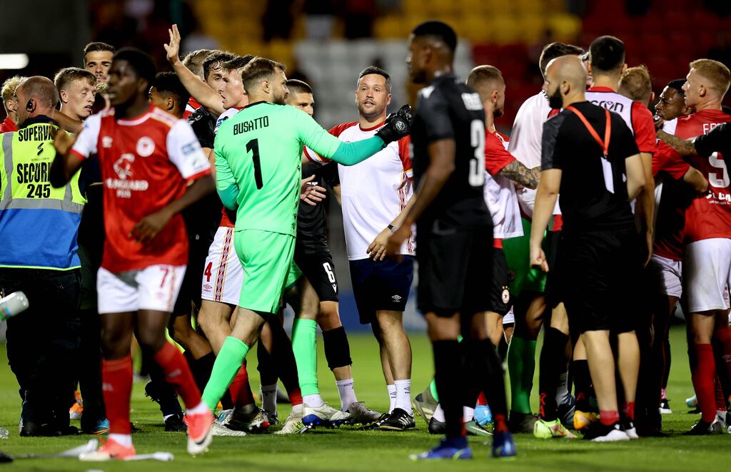 St Patrick's Athletic and CSKA Sofia players clash after Thursday night's game. Photograph: Ryan Byrne/Inpho