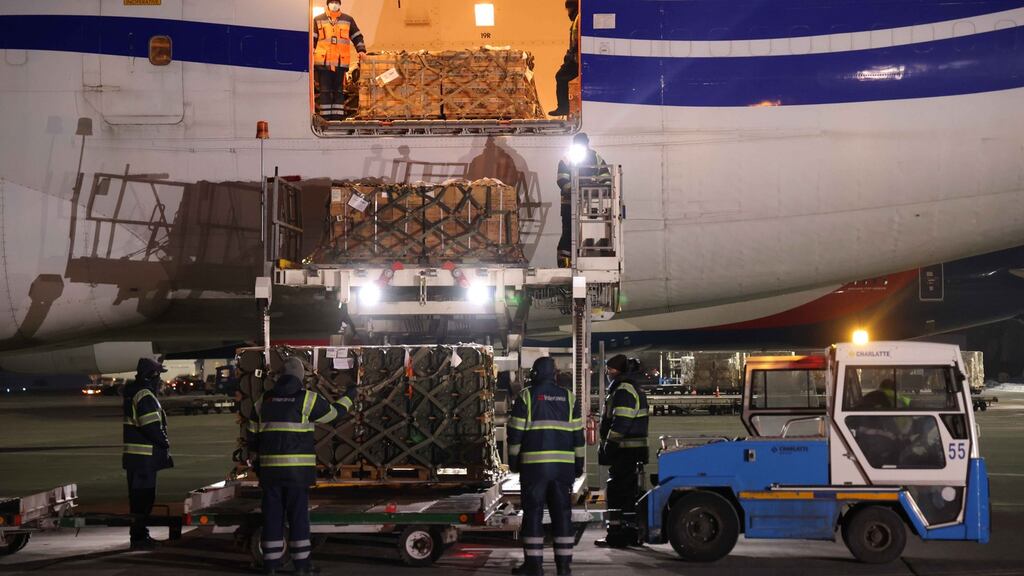 Ground crew unload weapons and other military hardware delivered by the US at Boryspil airport near Kyiv on January 25th, 2022. Photograph: Sean Gallup/Getty Images