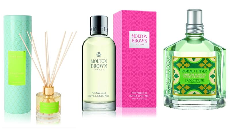 Max Benjamin Coffee and Tea Diffusers (€24.95); Molton Brown Pink Pepperpod Home & Linen Mist (€30); L’Occitane Winter Forest Home Perfume (€22)