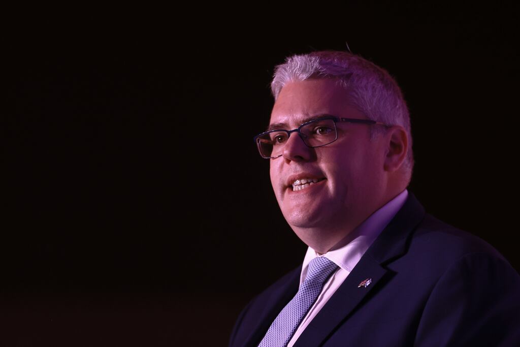 DUP deputy leader Gavin Robinson MP speaking during the DUP's annual conference at the Crowne Plaza Hotel in Belfast. Picture date: Saturday October 14, 2023. PA Photo. See PA story ULSTER DUP Lockhart. Photo credit should read: Liam McBurney/PA Wire