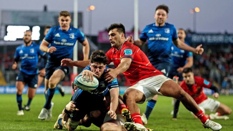 Leinster’s Jimmy O’Brien scores a try during the United Rugby Championship match against Munster at Thomond Park. Photograph: Evan Treacy/Inpho