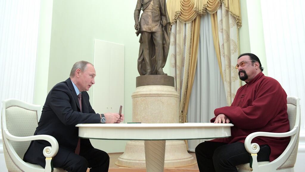 Russian President Vladimir Putin meets with US actor Steven Seagal  at the Kremlin in Moscow, Russia, in November 2016 Photograph: EPA/ALEXEI DRUZHININ