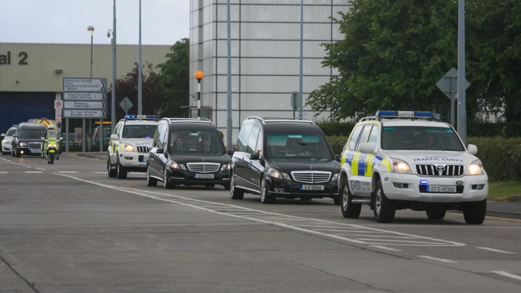 The remains of the students who died in the balcony collapse in Berkeley, California leave Dublin Airport. Photograph: Gareth Chaney Collins