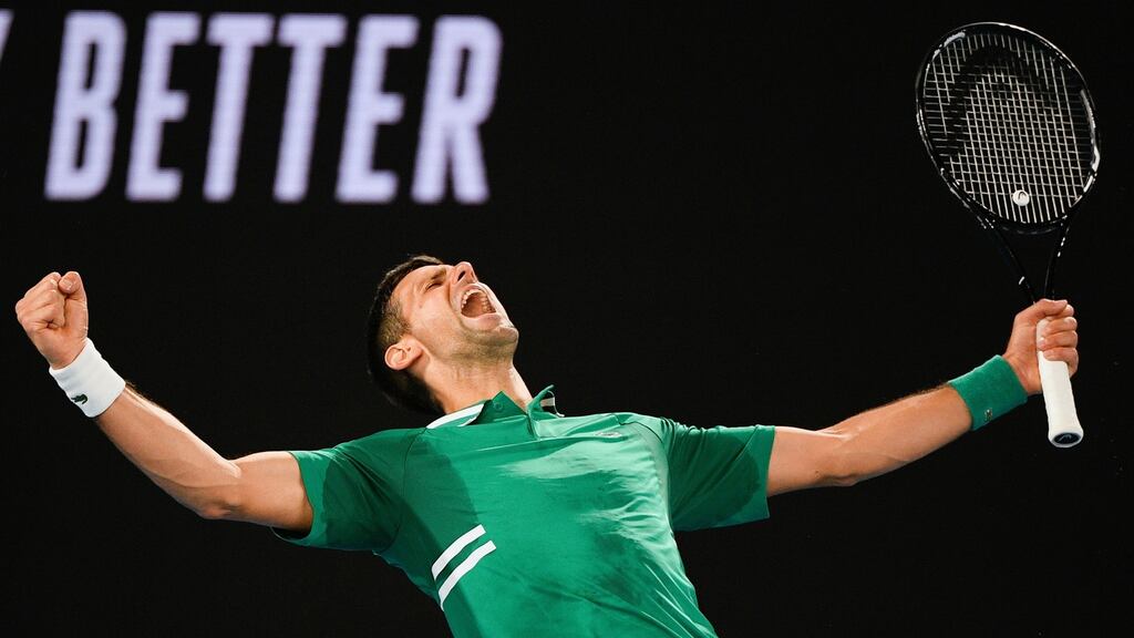 Novak Djokovic celebrates his five set win over Taylor Fritz. Photograph: Andy Brownbill/AP