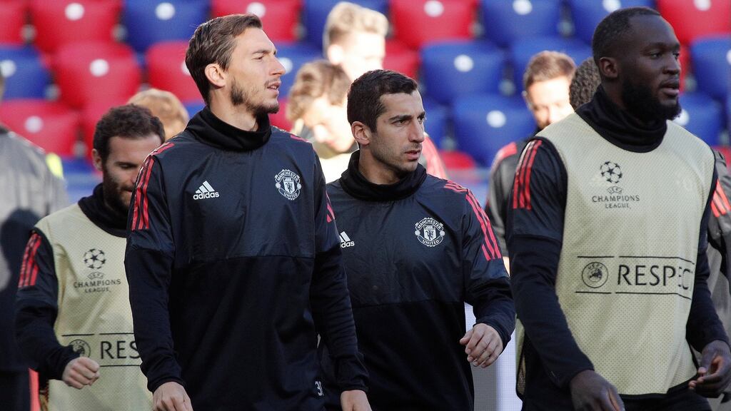 Manchester United’s Matteo Darmian, Henrikh Mkhitaryan and Romelu Lukaku during training ahead of their Champions League clash with CSKA Moscow. Photo: Maxim Shemetov/Reuters