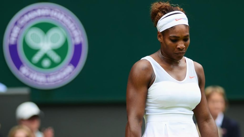Serena Williams during her fourth round defeat yesterday to Sabine Lisicki of Germany on day seven of the Wimbledon Championships. Photograph: Mike Hewitt/Getty Images