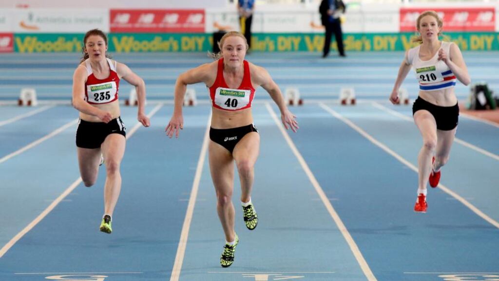 City of Lisburn’s Amy Foster takes the 60m final “A new PB, a qualifying time for Sopot, and a national title so I have to be very happy.” Photograph: James Crombie/Inpho
