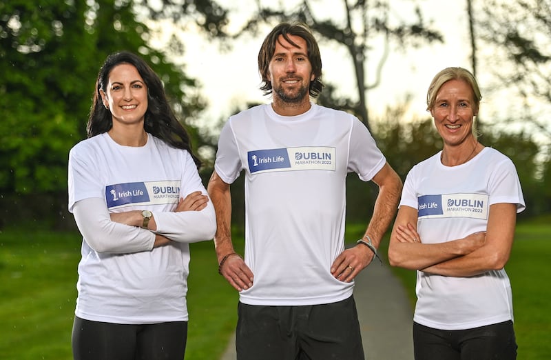 From left, Performance Sports Psychologist Jessie Barr, and Olympians Mick Clohisey and Catherina McKiernan. The three are part of the Runners' Support Squad for the Irish Life Dublin Marathon and Race Series. They will be providing expert support to runners. Photograph:  Sam Barnes/Sportsfile