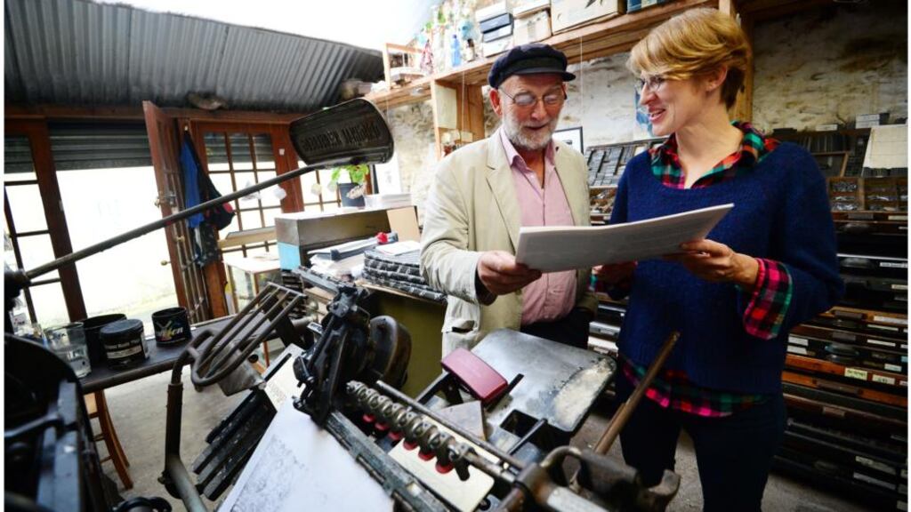 Author Domhnall (Danny) Mac Sithigh and Dominique Lieb who print books using the Gutenberg letterpress technique with original linoprints in her studio in Dingle, Co Kerry. Photograph: Bryan O’Brien
