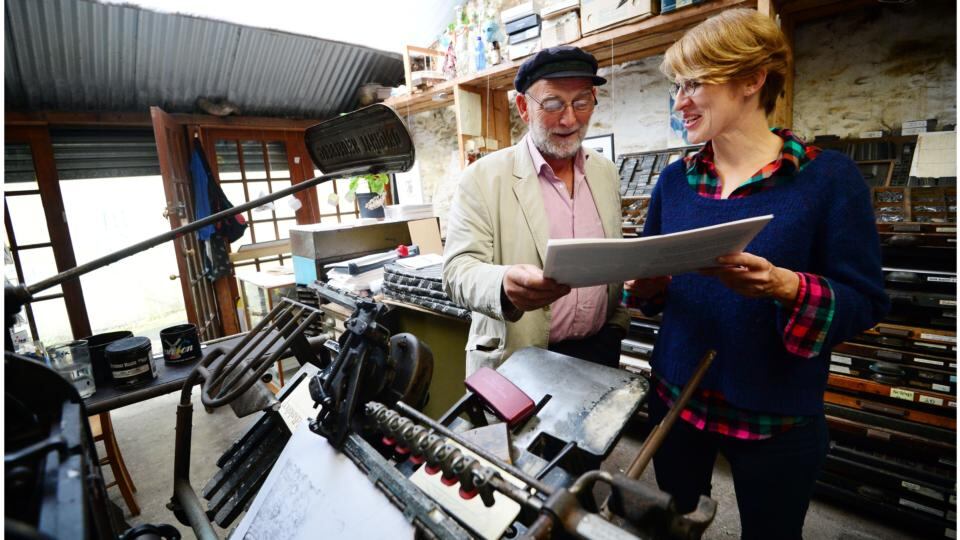 Author Domhnall (Danny) Mac Sithigh and Dominique Lieb who print books using the Gutenberg letterpress technique with original linoprints in her studio in Dingle, Co Kerry. Photograph: Bryan O’Brien