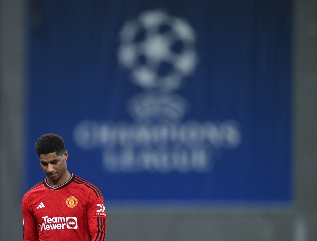 Marcus Rashford leaving the pitch after receiving a red card in a  Champions League match against Copenhagen in Denmark on November 8th, 2023. Photograph: Jonathan Nackstrand/AFP