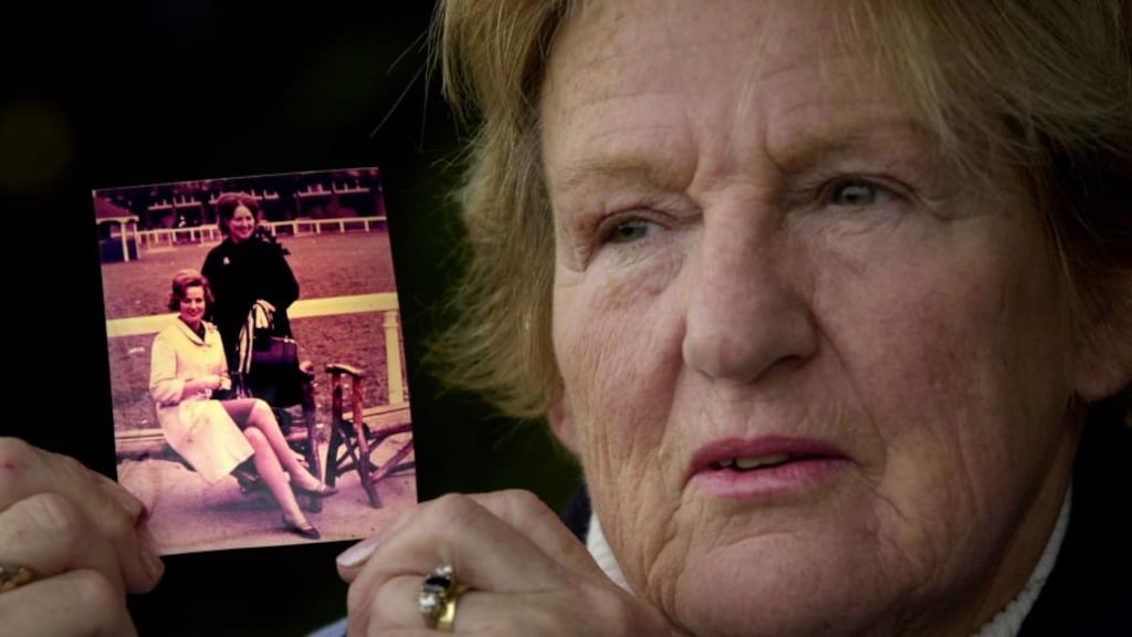 Stella Nolan holds a photograph of her and her sister murder victim Sylvia Shiels, taken in the early 1960s at the horse show in the RDS. Photograph: Bryan O’Brien/The Irish Times.
