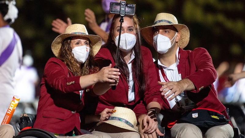 Members of Spain’s Paralympic team stop for a selfie during the opening ceremony. Photograph: Joel Marklund/EPA