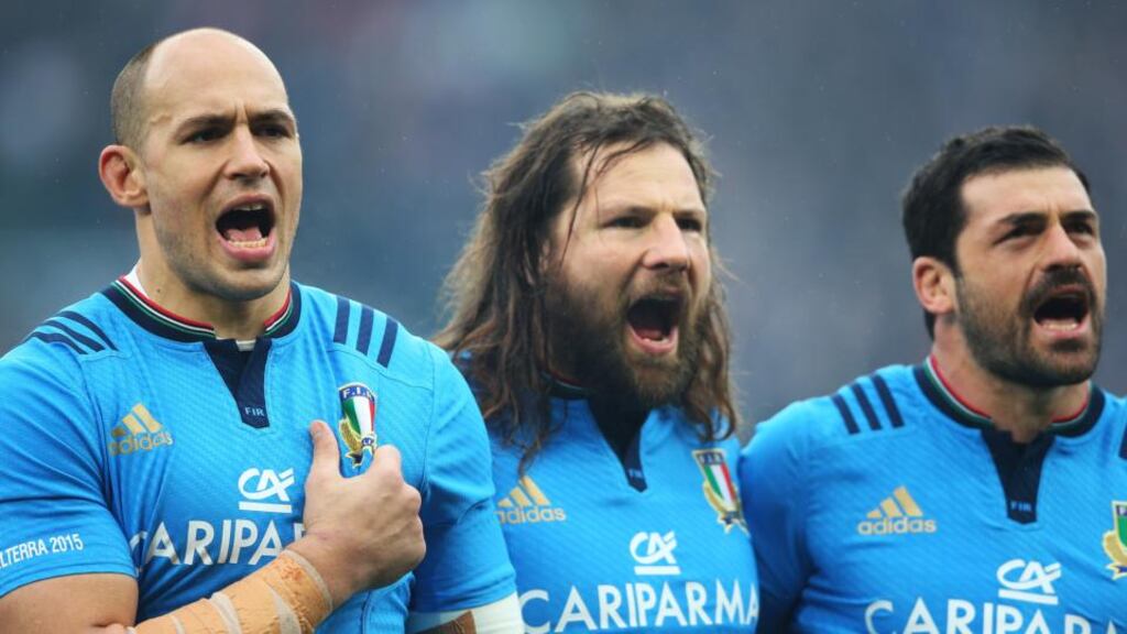 Sergio Parisse, who  wins an Italian record 112th cap against France, Martin Castrogiovanni and Andrea Masi of Italy before the England match at at Twickenham. Photograph: Getty Images