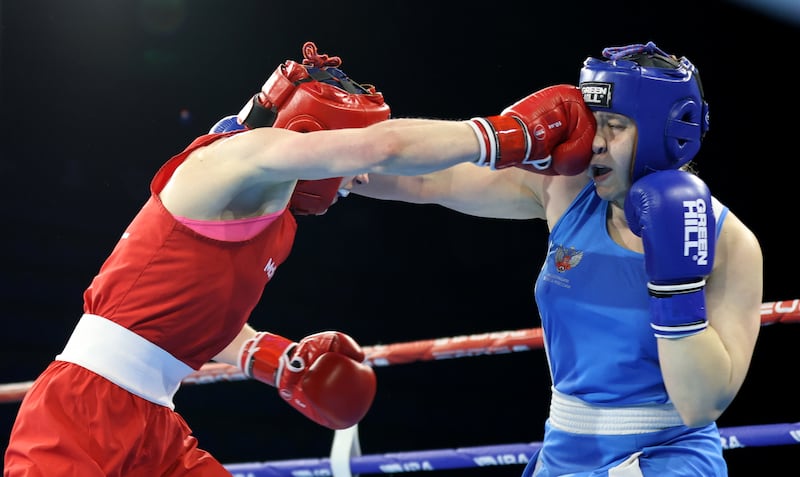 Aoife O’Rourke (red) in action against Anastasiia Shamonova of Russia. Another qualifier from the 2023 European Games, she's a three-time European middleweight champion. Photograph: Aleksandar Djorovic/Inpho