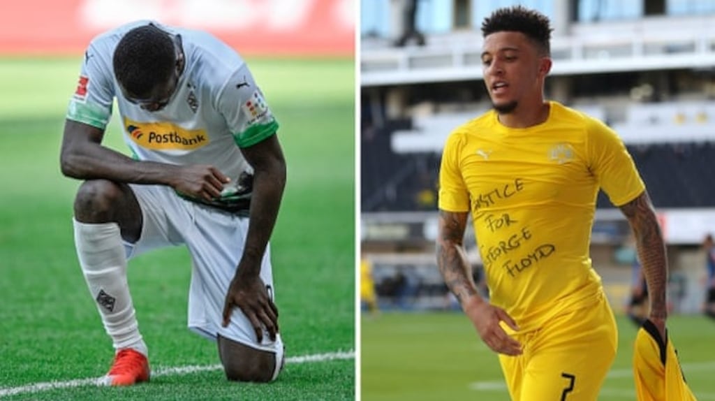 Marcus Thuram and Jadon Sancho have both paid tribute to George Floyd, whose death has sparked protests across the US and Europe. Composite: Getty/AFP