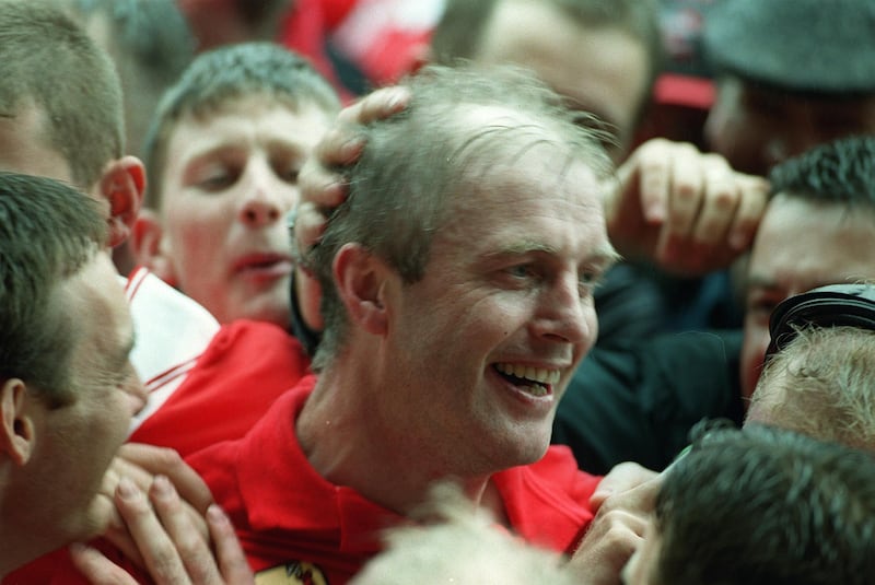 Larry Tompkins celebrates winning the Munster Championship in 1999 as Cork manager. Photograph: Tom Honan/Inpho