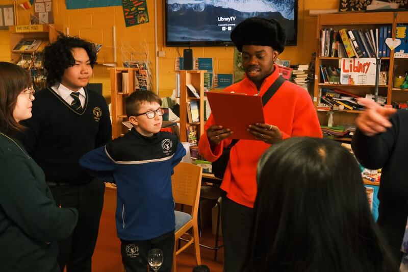 Larkin Community College students with artist Dafe Urugbo. Photograph: Allie Whelan