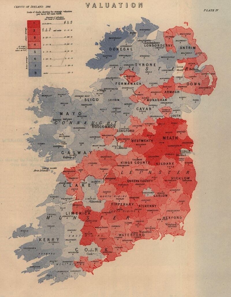 This map, produced as part of the 1891 Census, shows the ‘rateable valuation’ of land across Ireland.