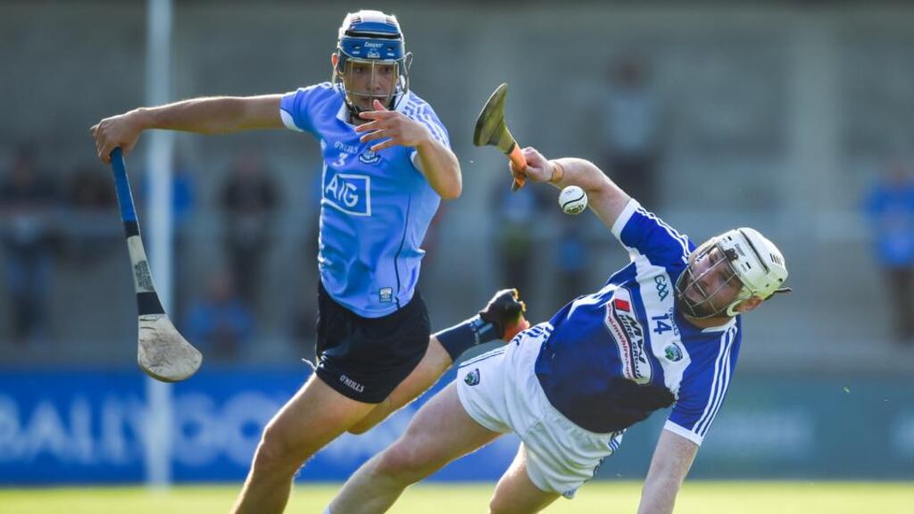 Neil Foyle of Laois in action against Eoghan O’Donnell of Dublin during the GAA Hurling All-Ireland Senior Championship Round 1 match between Dublin and Laois at Parnell Park. Photo: David Fitzgerald/Sportsfile via Getty Images