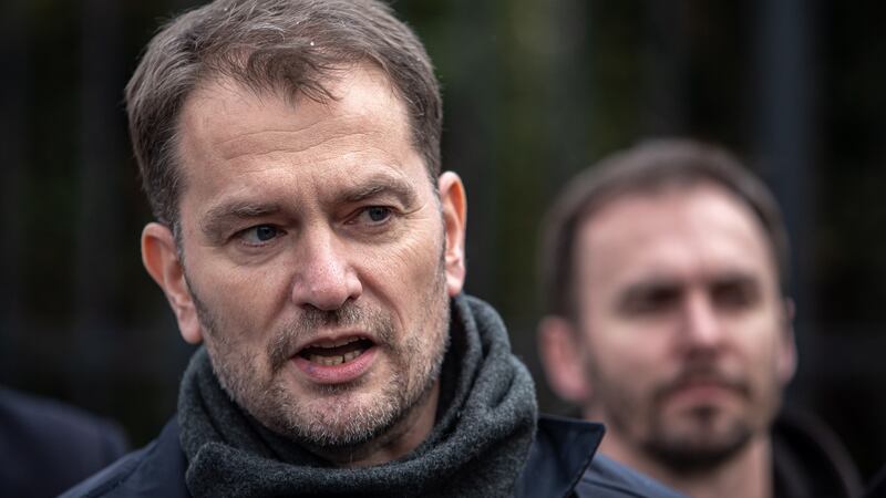 Leader of the Olano party Igor Matovic talks to media in front of the government office building in Bratislava on Friday. Photograph: Martin Divisek/EPA