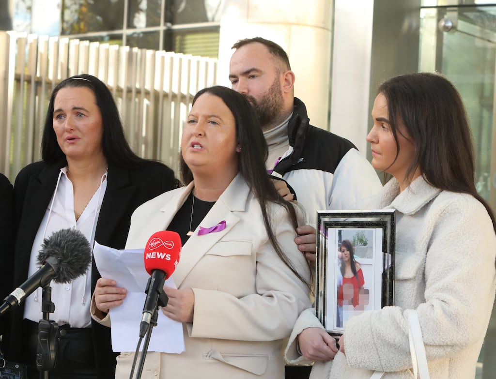 Amadea McDermott' sister Eucharia McDermott, who read a statement from the family outside court after the sentencing of Martin Hayes for manslaughter, with her sisters Euphrasia McDermott and Olivia Heffernan and brother Zack McDermott. Photograph: Collins Courts