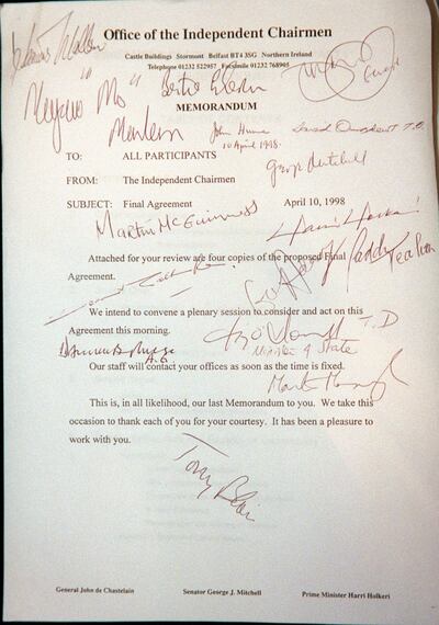 A copy of the memorandum signed by some of the talks participants. Photograph: Joey Cleary