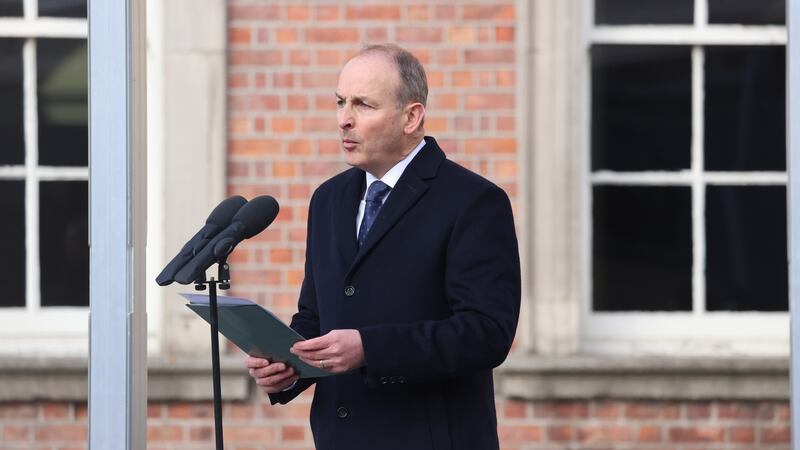 An Taoiseach, Micheál Martin, speaks at the State commemoration to mark the handover of Dublin Castle by British forces 100 years ago. Photograph: Dara Mac Dónaill