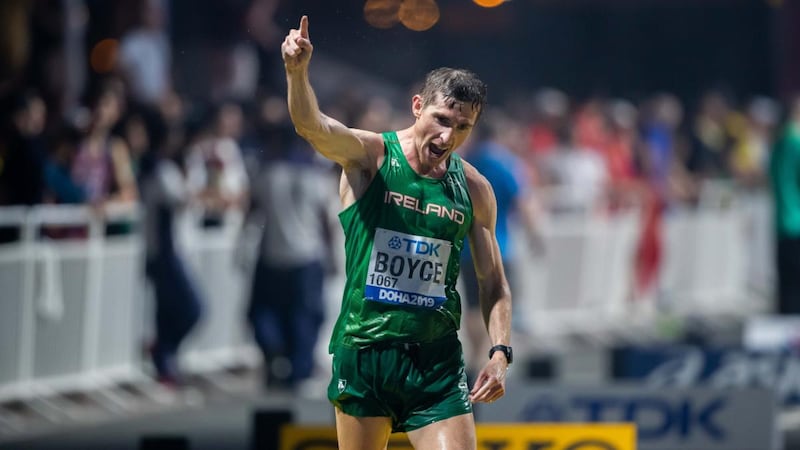 Ireland’s Brendan Boyce celebrates finishing the men’s 50km race walk in sixth place at the IAAF World Athletics Championship at Corniche in Doha. Photograph: Morgan Treacy/Inpho