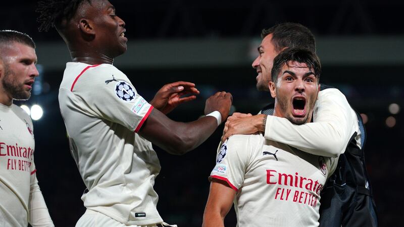AC Milan’s Brahim Diaz celebrates scoring their second goal during the Champions League Group B matchagainst Liverpool at Anfield. Photograph: Peter Byrne/PA Wire