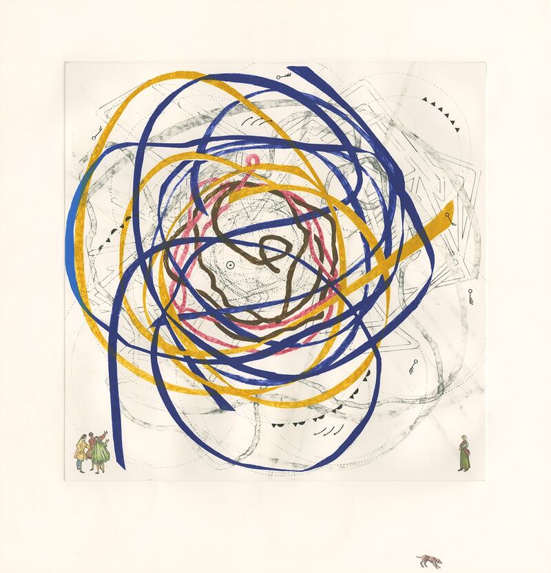 Looming Concerns intaglio prints link discarded urban detritus and building materials with weather mapping and maps with the history of the grand tour