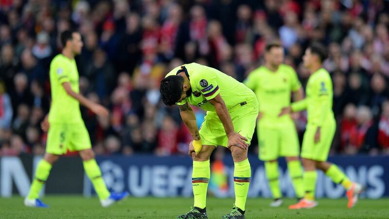 Barcelona’s Luis Suarez during their 4-0 Champions League defeat at Anfield. Photograph: EPA