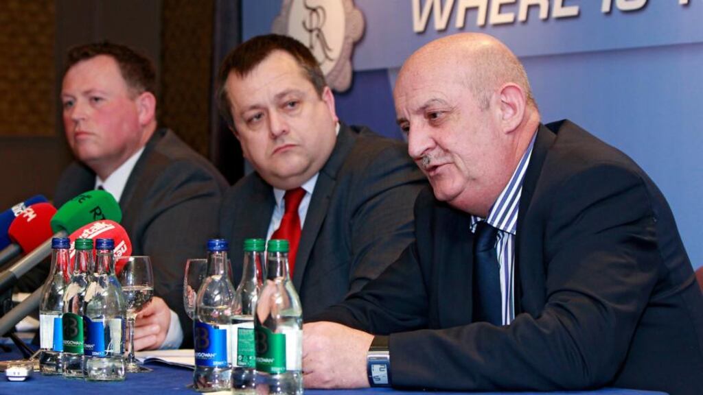 At the press conference to launch the GRA’s annual conference were (from left)   the association’s vice-president Dermot O’Brien, president John Parker and deputy general secretary John Healy. Photograph: Conor O’Meara