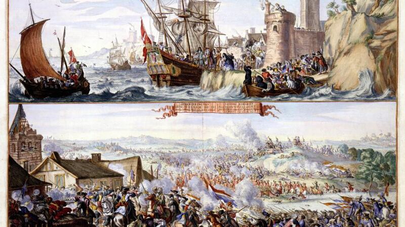 A Dutch propaganda sheet with colourful images of the Battle of the Boyne and of the flight from Ireland of James II