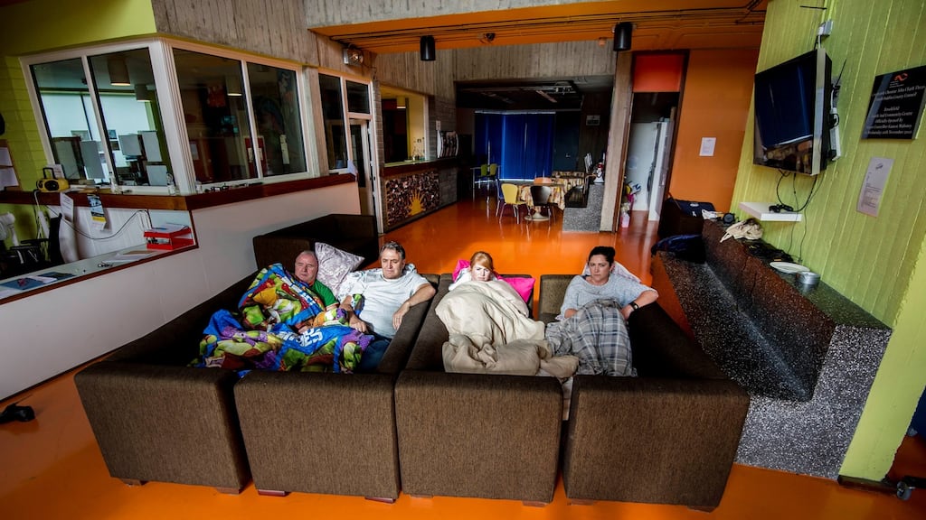 Centre attendants at Brookfield Youth and Community Centre, Tallaght, Christy Donovan, Kieran Walsh, Gemma O’Reilly and Nicola Nagle, who have been sleeping at the centre since its sudden closure. Photograph: Brenda Fitzsimons