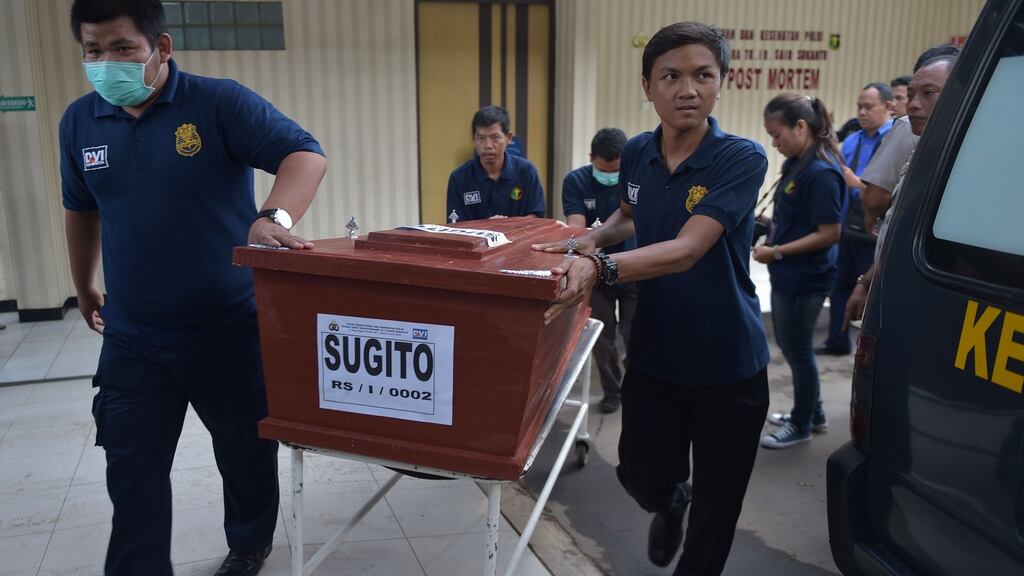 Indonesian policemen carry the coffin of  a victim of the January 14th attacks in Jakarta at the city’s police hospital. Photograph: Adek Berry/AFP/Getty Images.