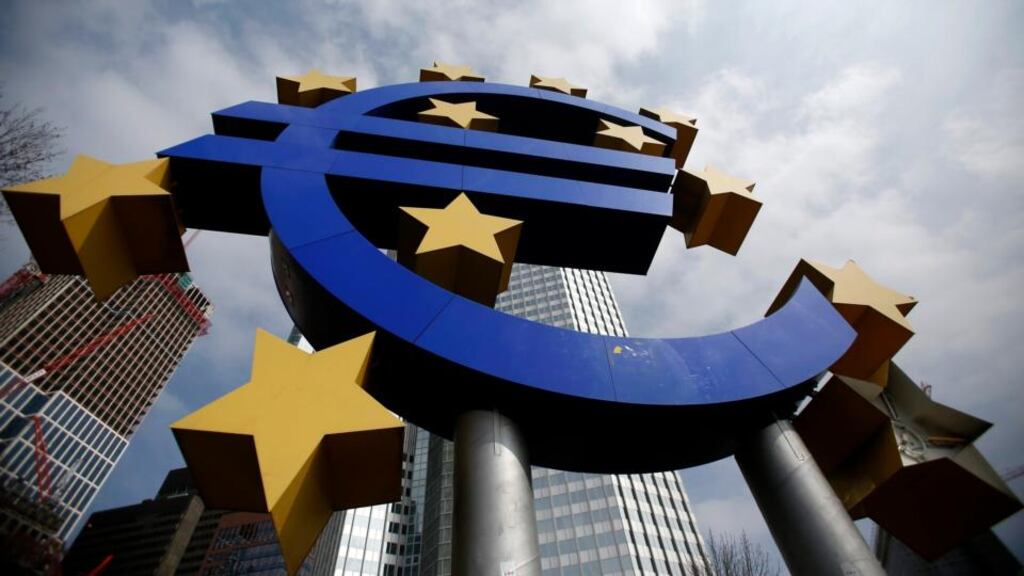 The euro sign outside the European Central Bank in Frankfurt. Both of the euro zone’s largest economies, France and Germany, expanded by more than analysts had expected. Photograph: Reuters/Lisi Niesner