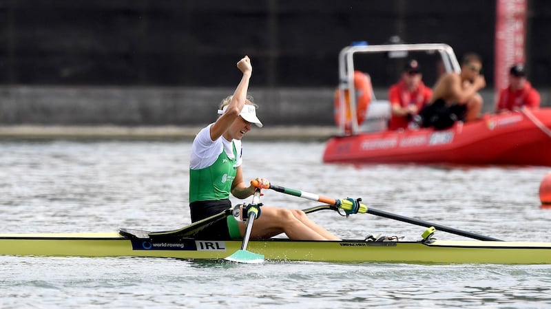 Ireland’s Sanita Puspure celebrates after winningat the World Rowing Championships in Austria. Photograph: Detlev Seyb/Inpho