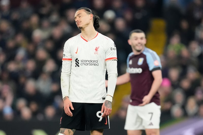 Liverpool's Darwin Núñez reacts after a missed opportunity during the Premier League match against Aston Villa at Villa Park. Photograph: Nick Potts/PA Wire