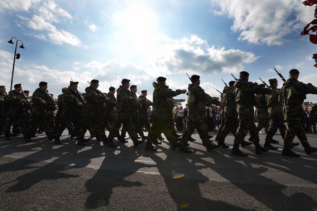 Troops from the Defence Forces' 46th Infantry Group, who have been deployed with Undof in Syria, parade at a ceremony in Custume Barracks, Athlone. Photograph: Eric Luke