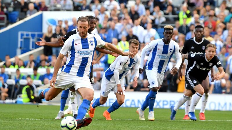 Glenn Murray scores Brighton’s equaliser against Fulham from the penalty spot. Photograph: Mike Hewitt/Getty