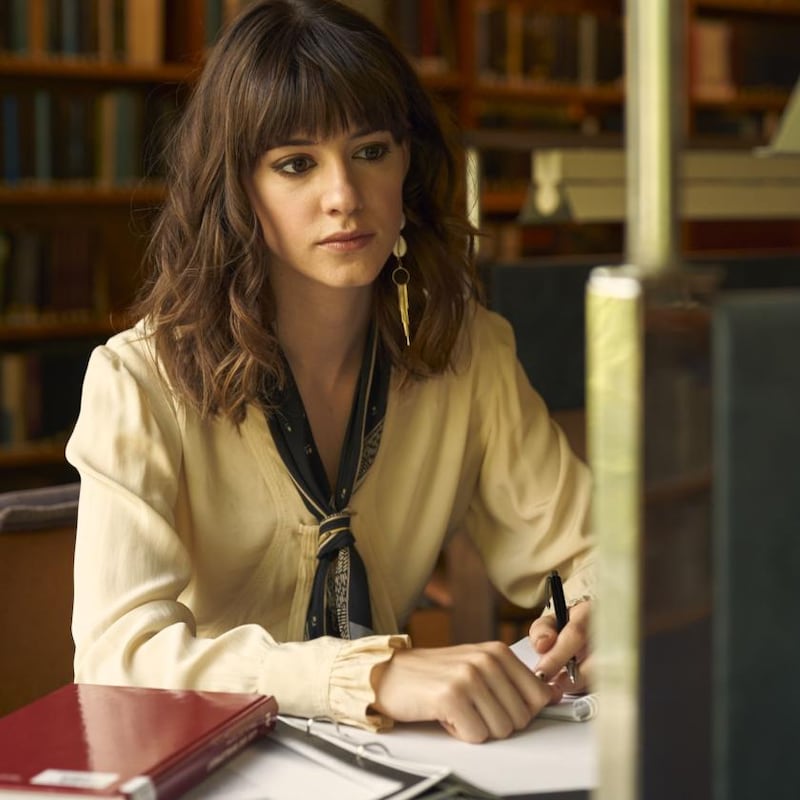 The cream V-neck blouse with the black silk scarf and the dangling shell earrings. Photograph: Enda Bowe/Element/RTÉ