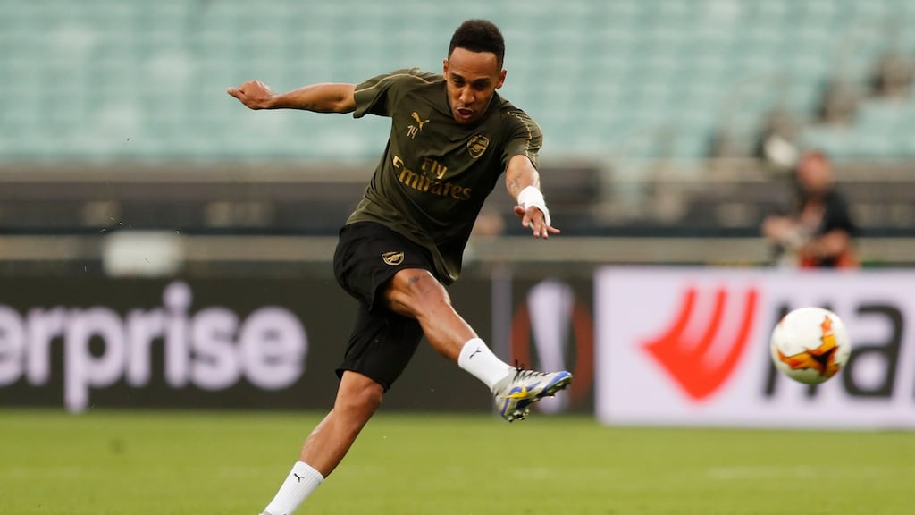Arsenal’s Pierre-Emerick Aubameyang during training at the Baku Olympic Stadium in advance of Arsenal’s Europa League final against Chelsea. Photograph: Amr Abdallah Dalsh/Reuters