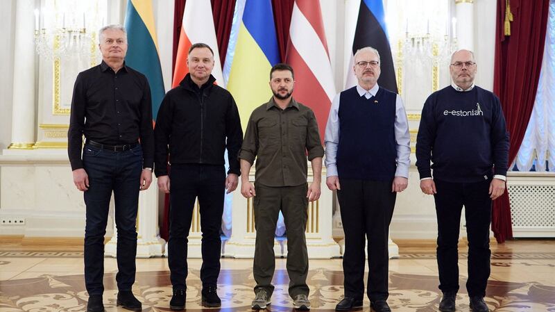 President of Ukraine Volodymyr Zelenskiy (centre) with president of Poland Andrzej Duda, president of Latvia Egils Levits, president of Lithuania Gitanas Nauseda and President of Estonia Alar Karis during their visit to Ukraine. Photograph: Handout/Ukrainian presidential press/AFP via Getty
