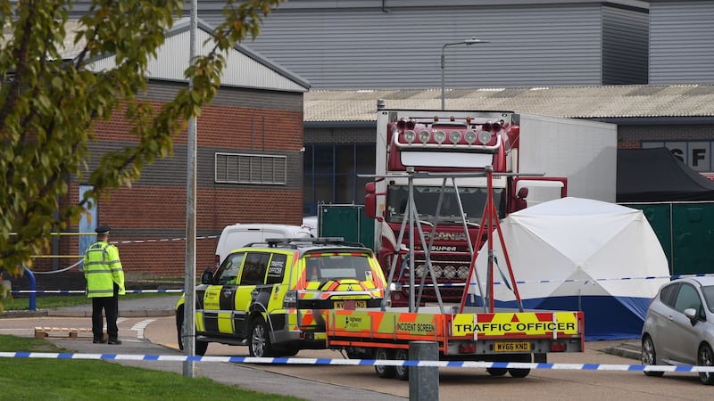 Police at the Waterglade Industrial Park in Grays, Essex, after 39 bodies were found inside a lorry container. Photograph: Stefan Rousseau/PA Wire
