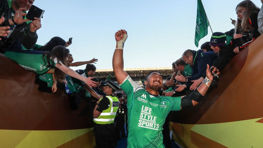 Connacht’s Bundee Aki celebrates as he leaves the field after the  team’s Pro12 final victory over Leinster at Murrayfield. Photograph: James Crombie/Inpho
