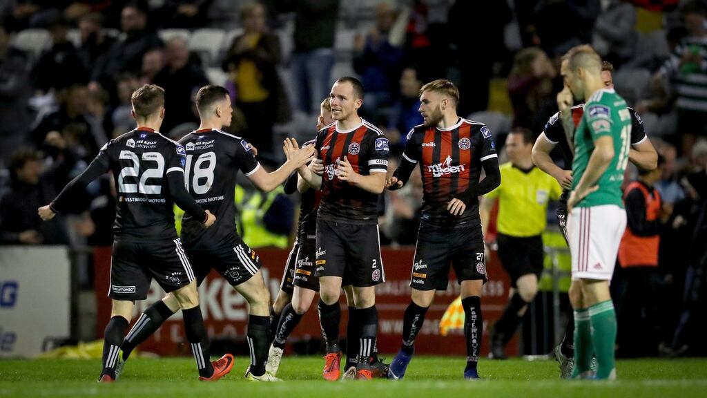 Bohemians’ Derek Pender celebrates scoring a goal with team-mates during the SSE Airtricity League Premier Division match against Dundalk at Dalymount Park. Photograph: Oisín Keniry/Inpho